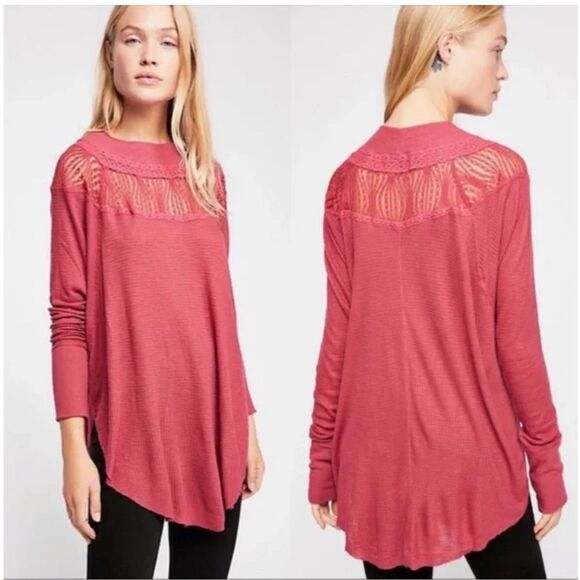 Free People Waffle Knit Thermal Top With Lace Trim - Picture 1 of 10